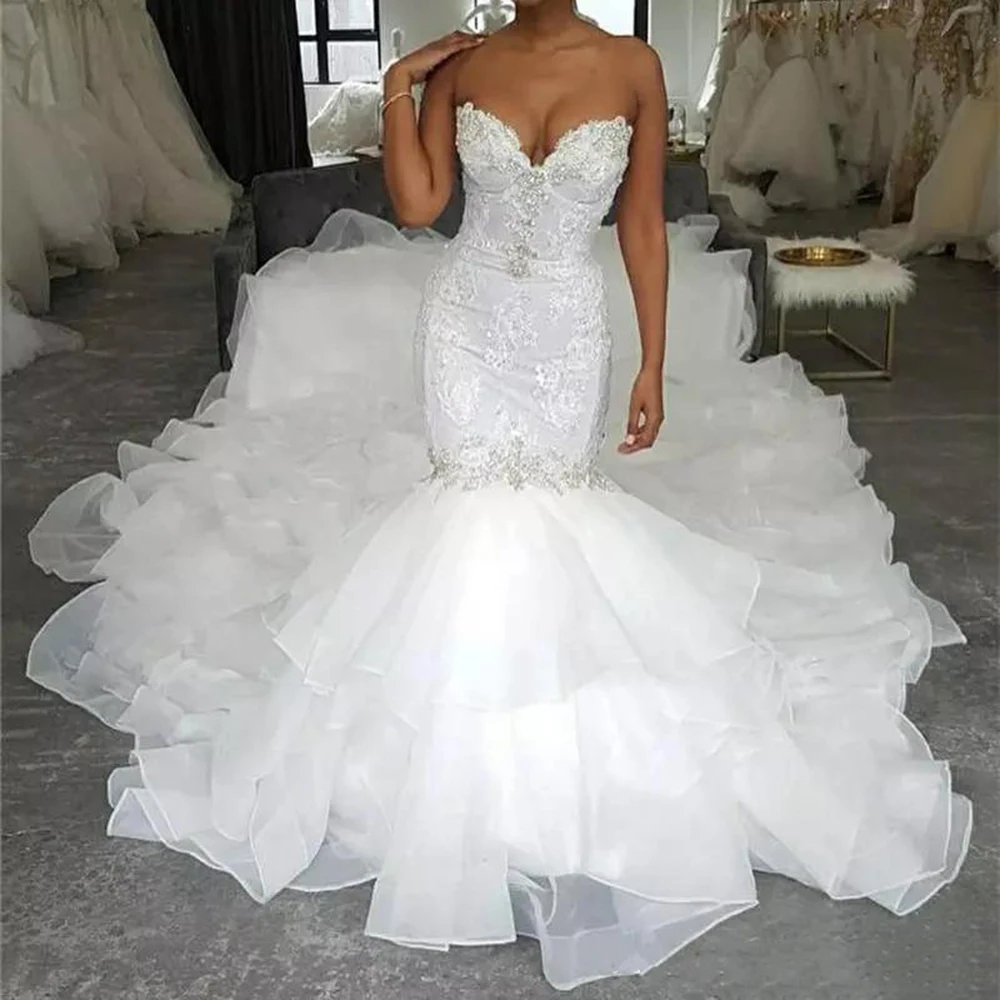 H249 2021 Mermaid Long Trail Wedding Dresses Strapless Beaded Organza h249-2021-mermaid-long-trail-wedding-dresses-strapless-beaded-organza