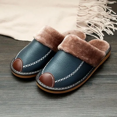 Men Slippers Black New Winter PU Leather Slippers Warm Indoor Slipper Waterproof Home House Shoes Women Warm Leather Slippers 3