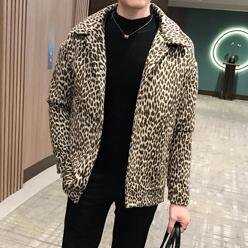 

YASUGUOJI Stylish Winter Jackets Men 2019 Punk Style Leopard Mens Pea Coat Wool Blend Single Breasted Luxury Brand Men Jacket