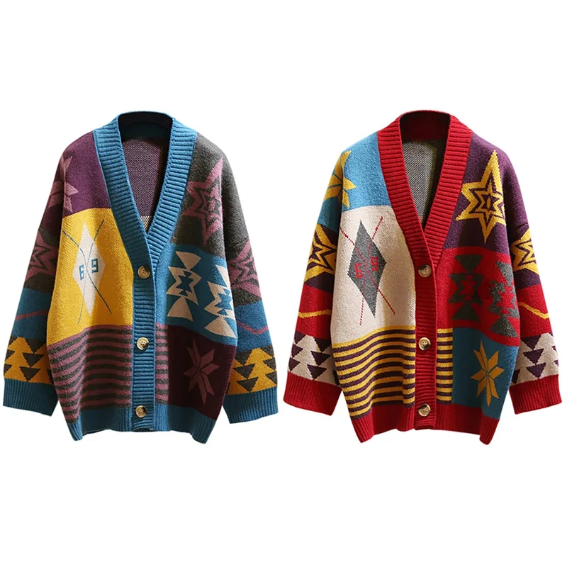 

Women Autumn Knitted Cardigan Vintage Loose Colorful Sweaters Winter Warm Jacket Punk Pull Femme