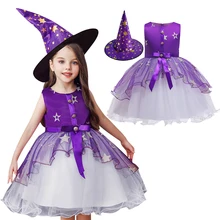 Маскарадный костюм ведьмы на Хэллоуин и Рождество для девочек, платье со шляпой, 2 предмета, бальное платье, детские платья принцессы для девочек возрастом от 2 до 10 лет