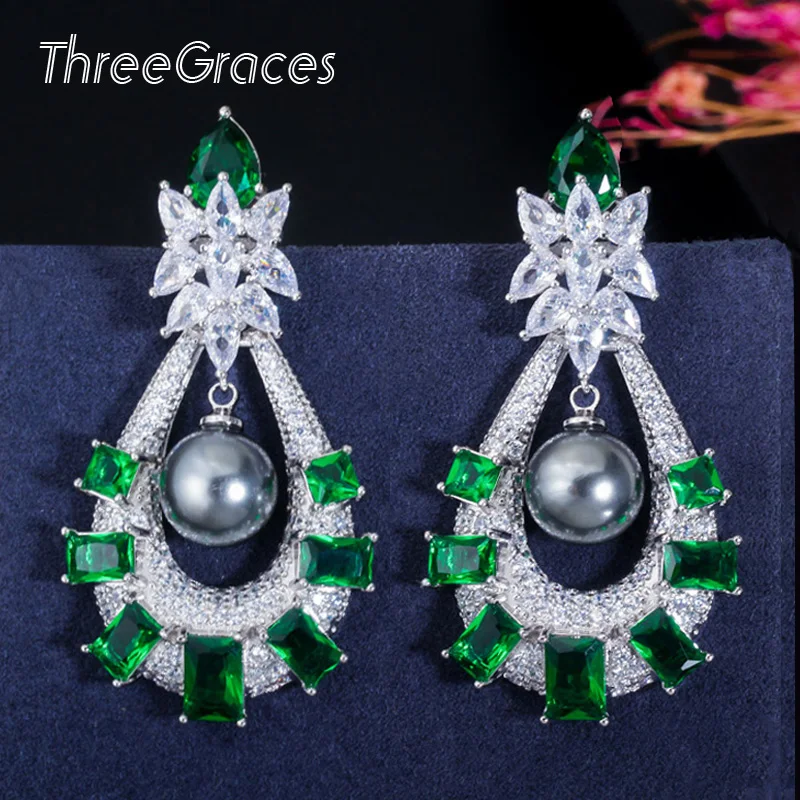 Женские длинные серьги ThreeGraces Элегантные зеленые квадратные с фианитом и серым