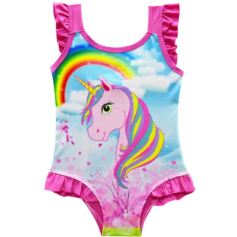 Rainbow Unicorn Kids Swimsuits Baby Girl One-piece Swimsuit Cartoon Bathing Suit Beach Tunic Children Swimwear Pink Lovely 3-10Y