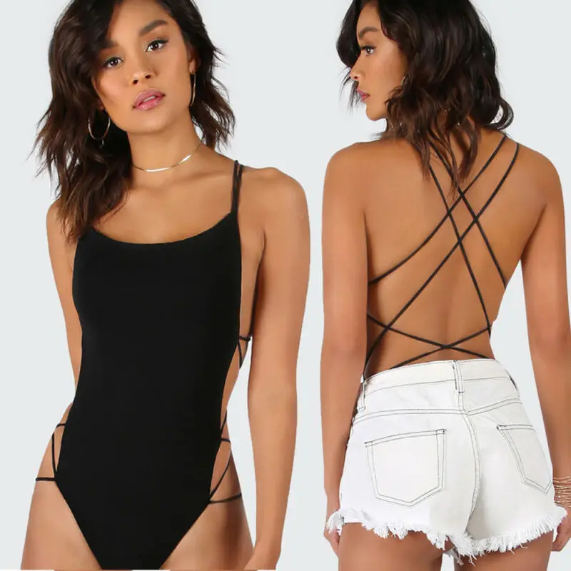 Сексуальные женские черные боди трико бикини с открытой спиной Цельный