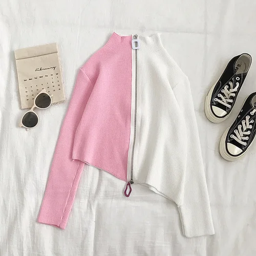 pink spell white Neploe половина молния для высокого воротника цвет матч вязаный свитер для женщин ретро темперамент Асимметричный пуловер тонкий длинный рукав Pull Femme - Цвет: pink spell white