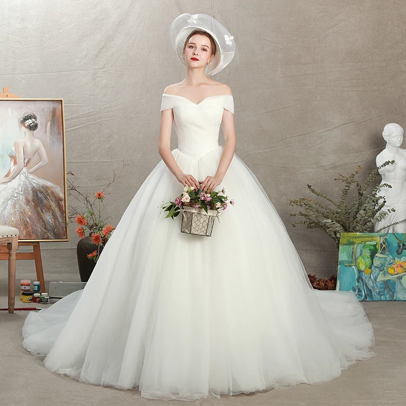 

BAcklakeGirls 2020 New Franch Style Boat Neck Tulle White Wedding Dresses Off Shulder With Long Tail Vestido De Noiva Sereia