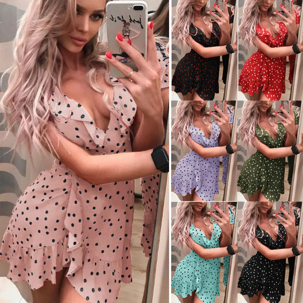 Boho женское летнее сексуальное платье в горошек мини-платье с оборками и v-образным вырезом пляжное красное черное белое платье короткий рукав сарафан хит