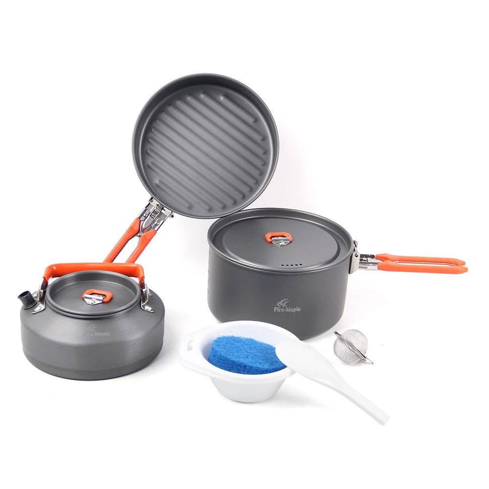 Outdoor Camping 7Pcs Cookware Set Hiking Backpacking Picnic Cooking Pot Frypan Kettle Set with Foldable Handle for 2- 3 People