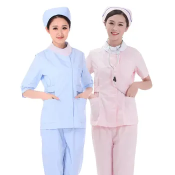 

Women's Nursing Uniforms Medical Scrub Sets Short Sleeves collarless Tops and Pants set