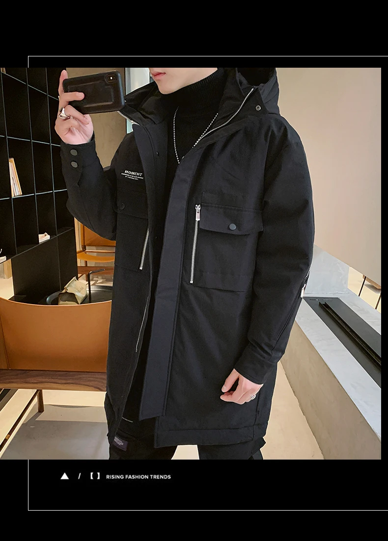 Down Coat Male Winter 5XL Long Trench Duck Down Jacket Parkas Gray Duck Windproof down coat with hoodes Outwear solid A521-DS594