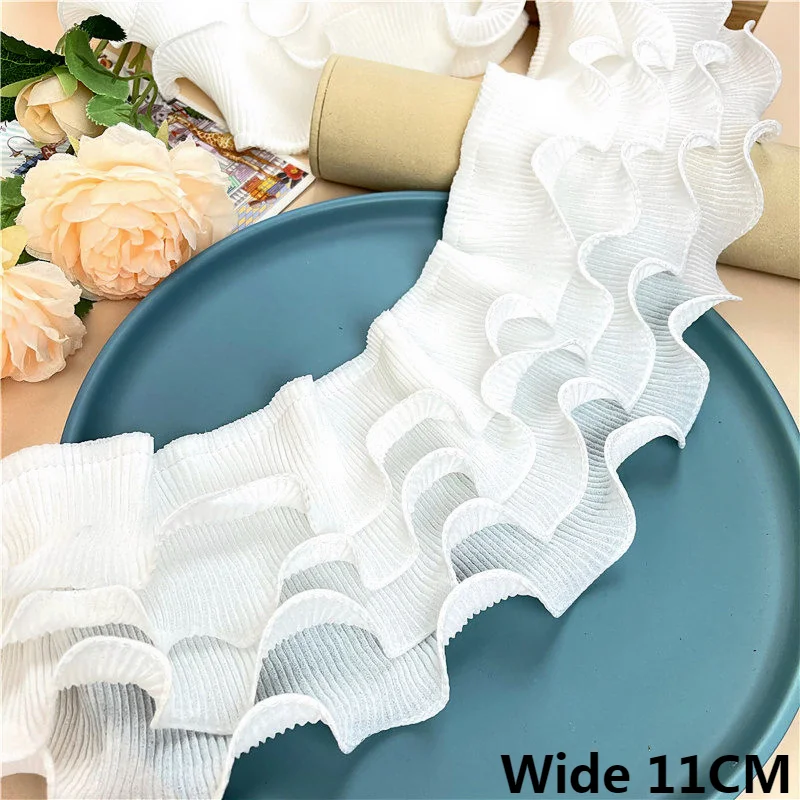 11CM Wide White Four Layers Chiffon 3d Lace Fringe Sewing Ribbon Elastic Ruffle Trim Skirts Hemlines Curtains Stitched Material lace ribbon lace fabric lace sewing accessories lace sewing supplies lace accessories lace garment accessories lace decoration chiffon fabric chiffon lace fabric