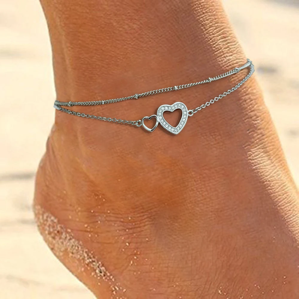 New Simple Boho Zircon Double Heart Female Fashion Anklets Barefoot Crochet Sandals Foot Jewelry New Anklets On Foot Bracelets New Simple Boho Zircon Double Heart Female Fashion Anklets Barefoot Crochet Sandals Foot Jewelry New Anklets On Foot Bracelets