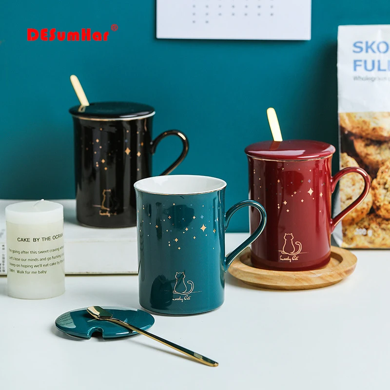 Кошка звездное небо керамическая кружка с крышкой ложки винтажная фарфоровая