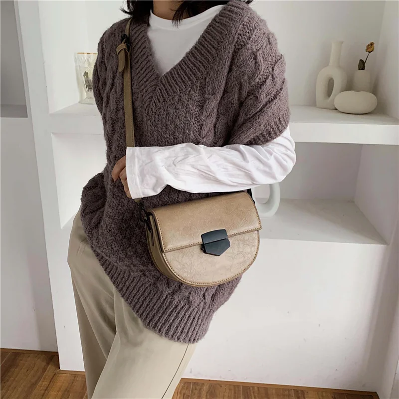 Solid Color PU Leather Saddle Bags For Women Small Crossbody Shoulder Messenger Bag Female Handbags and Purses