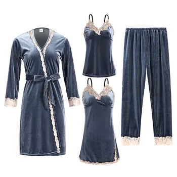 

Female Sexy 4PCS Sleep Set Nighty&Robe Suit Velour Pajamas Nightgown Soft Kimono Bathrobe Gown Casual Intimate Lingerie Homewear