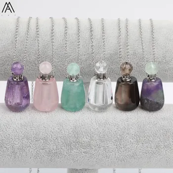 

Faceted Natural Amethysts Quartz Crystal Rainbow Fluorite Stone Perfume Bottle Silvery Stainless Steel Chain Necklace SA-16AMCC