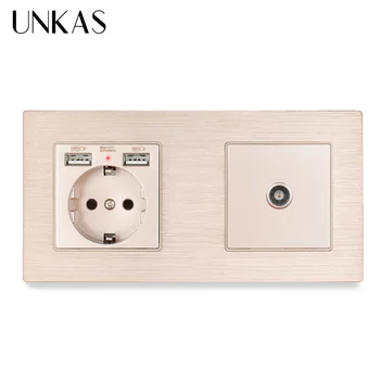 

UNKAS Aluminum Metal Panel EU Socket 2.1A Dual USB Charge Port + Female 1 Gang TV Outlet 172*86mm Wall Socket LED Indicator