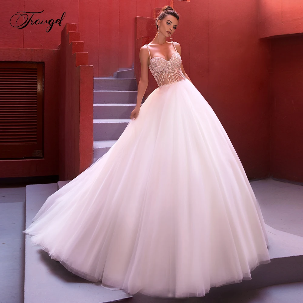 

Traugel Sweetheart A Line Wedding Dresses Luxury Beading Spaghetti Strap Backless Bride Dress Court Train Bridal Gown Plus Size