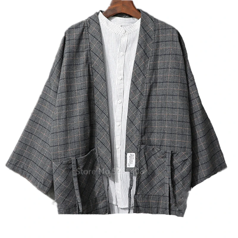 Gray Японский стиль Haori мужской костюм самурая Харадзюку Мода кимоно кардиган плед юката пальто повязки вечерние для женщин уличная одежда Вечерние - Цвет: Gray