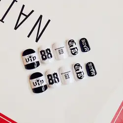 24 шт./компл. накладные ногти с дизайном Модные поддельные ногти черно-белый цвет буквы ногтей DIY поддельные ногти с 2g клеем