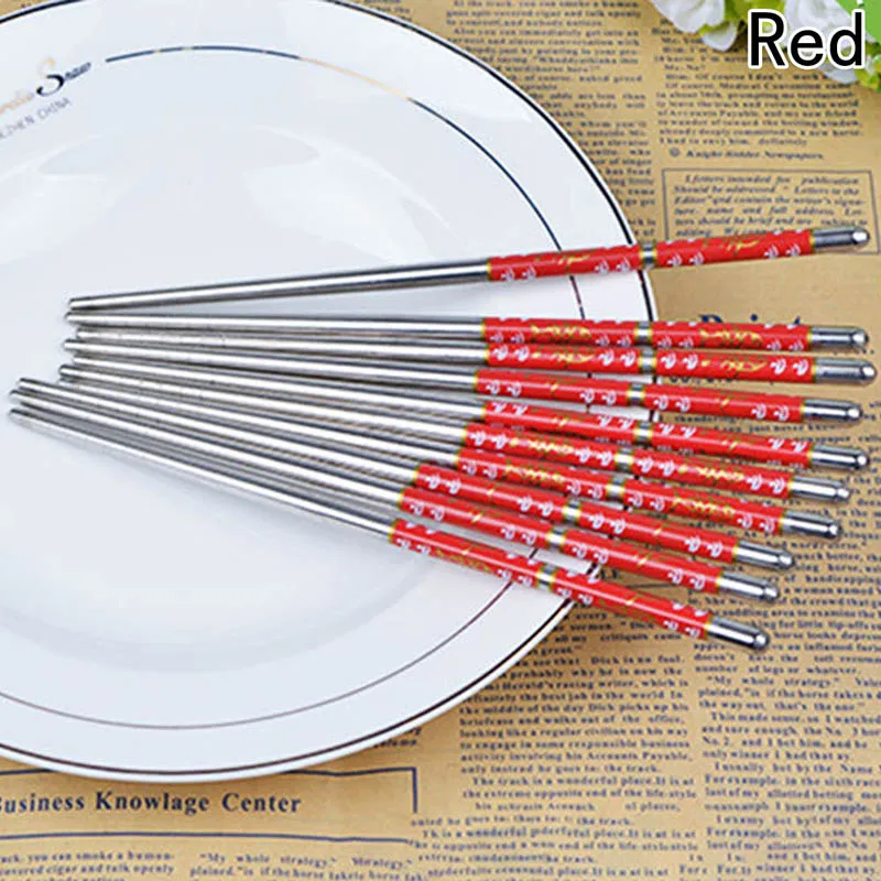Red 1 пара 23 см из нержавеющей стали Серебристые палочки китайские японские столовые приборы многоразовые Нескользящие палочки для суши кухонные инструменты - Цвет: Red