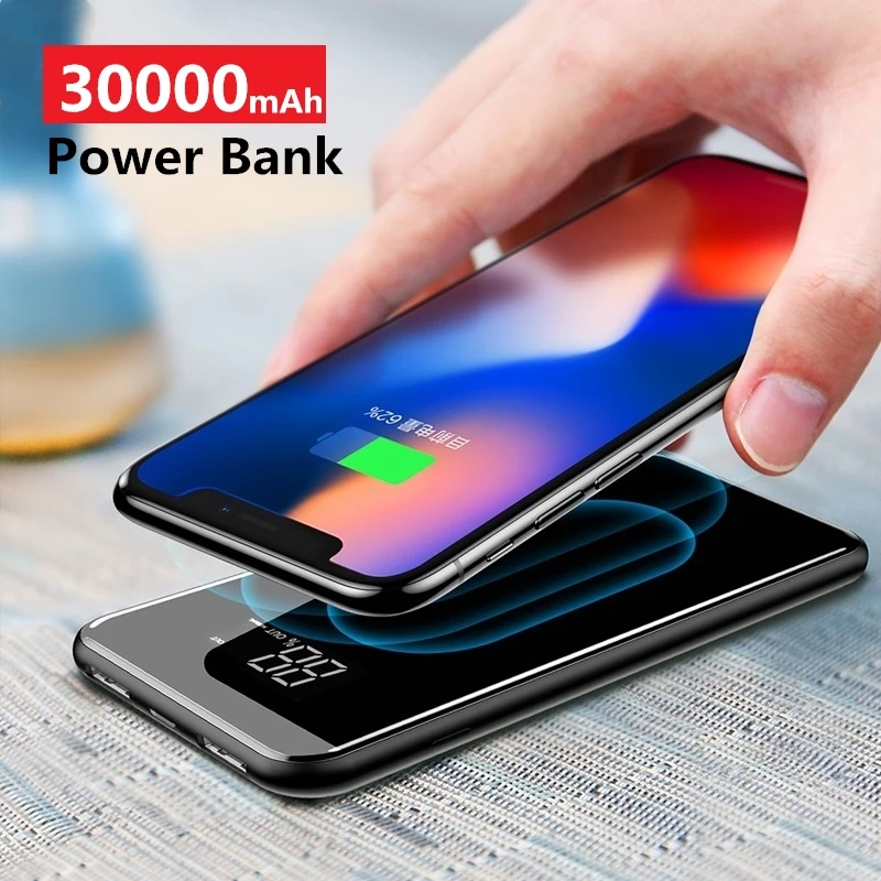 Batería de litio portátil de 30000mAh con carga inalámbrica para móvil, powerbank de alta capacidad para iPhone y Samsung, con cargador inalámbrico QI incorporado