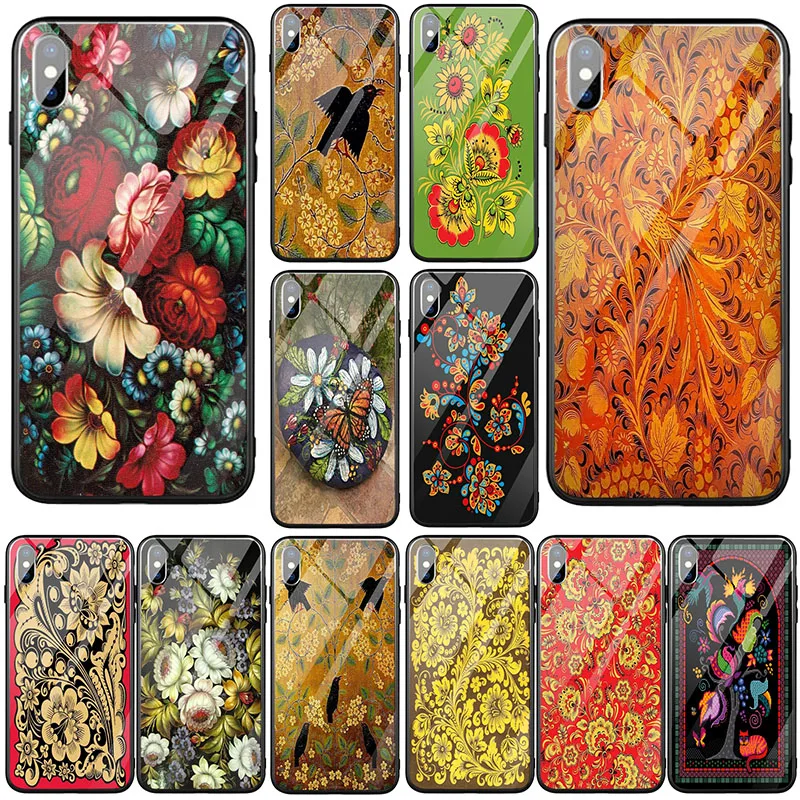 Phone Cases Cover for iPhone 8 7 6 6S Plus X XR XS 11 Pro Max Coque Bags Personalized Pattern Khokhloma Black Flower | Мобильные