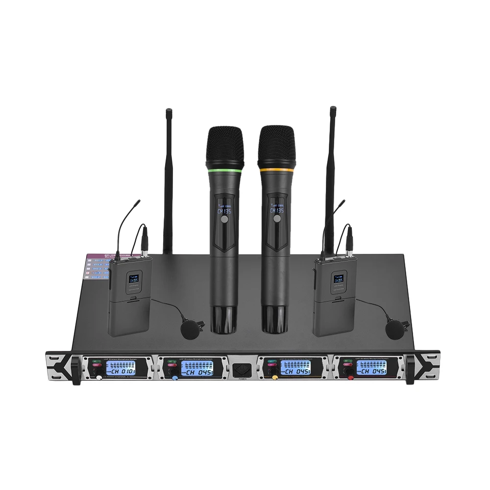

Muslady D4-3 Professional 4-Channel UHF Wireless Microphone System Includes 2 Lapel Mics with Bodypack Transmitters