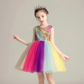

Kids Girls Wedding Dinner Party Dress Children Christmas Party Colorful Sequins Girl Costume Vestidos Rainbow Princess Dresses