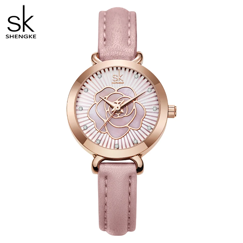 

Shengke Fashion Quartz Watch for Women Casual Leather Strap Flower Dial Ladies Wristwatch Waterproof Quartz Movement Woman Clock