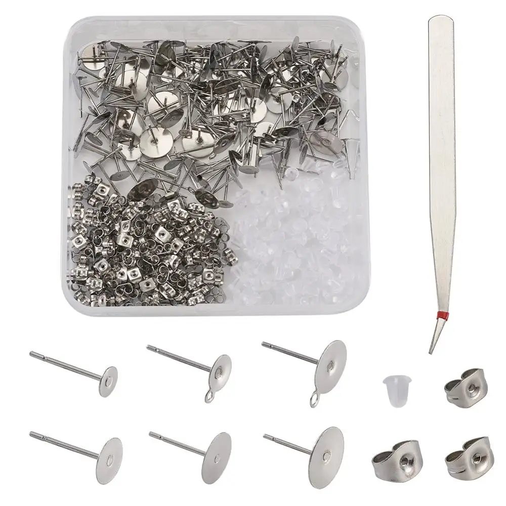1 Box 304 Stainless Steel Blank Peg Stud Earring Findings & Beading Tweezers Plastic Ear Nuts For DIY Making Accessories | Украшения и