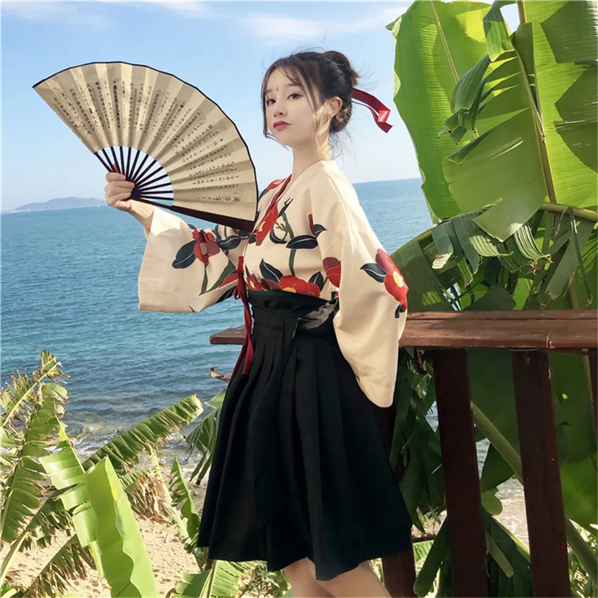 Японский стиль, женское кимоно, летняя мода, цветочный рисунок, Haori, для девочек, 2 шт., топ и юбка, наряды, полный рукав, японское платье для женщин