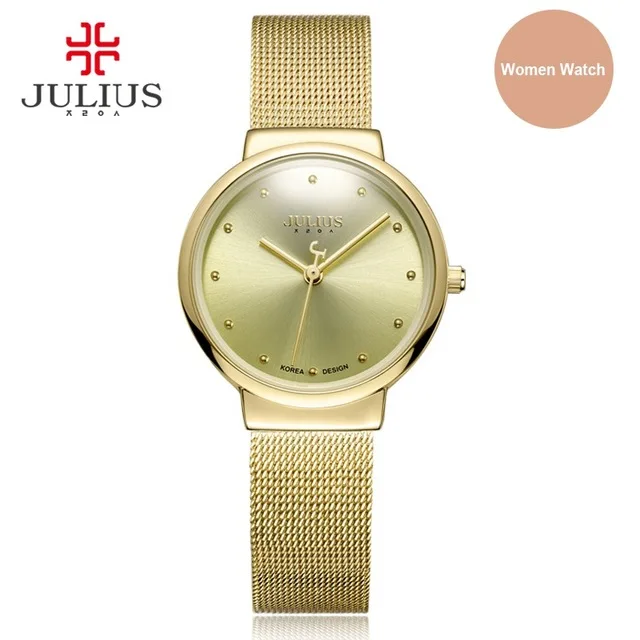 JULIUS JA-426 myanner Silber Gold Braun Schwarz Mesh Edelstahl Quartz аналоговый Диаманте Zifferblatt Mode lyassig Wasserdichte Uhr - Цвет: Gold Women