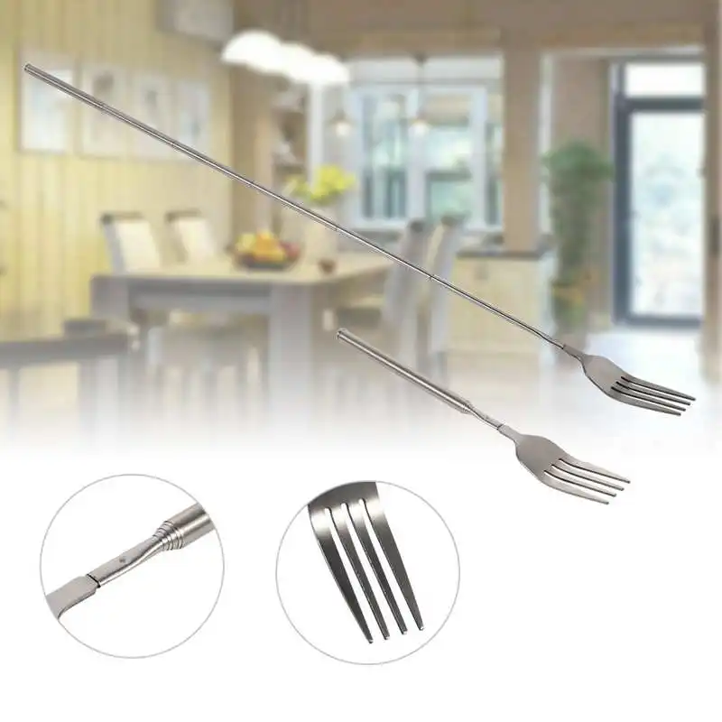 Retro Fork BBQ Telescopic Extendable Dinner Fruit Dessert Long Handle Fork Stainless Steel Cutlery Tableware