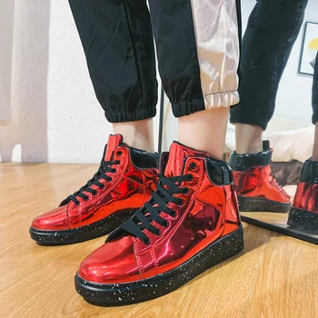 

Glitter Leather Casual Shoes Men Vulcanized Shoes Bling Glossy Silver Red Men Shoes Brand Luxury Footwear Male Sneakers A1-340