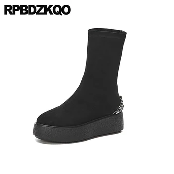 

diamond platform muffin ladies rhinestone shoes women ankle boots medium heel crystal wedge flatform slip on suede high black