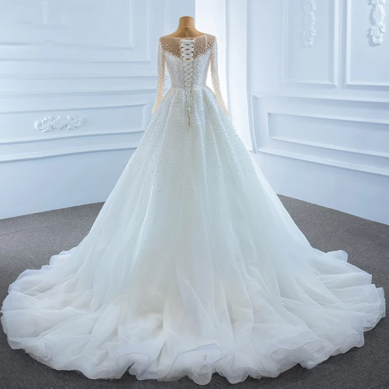 J67182 Jancember Wedding Dress 2020 Detachable Train O Neck Long Sleeve Sequined Pearls Abnehmbar Langarm Kleid свадебное платье 2