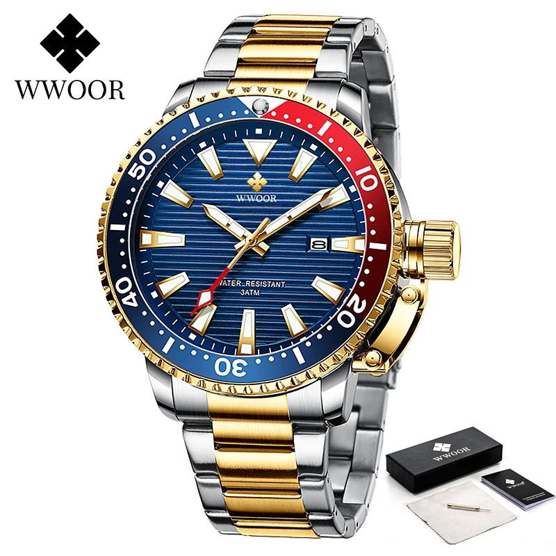 

WWOOR New Fashion Gold Watch Men Full Steel 30M Waterproof Luminous Quartz Watch For Men Business Dress Calendar Wrist Watch Man