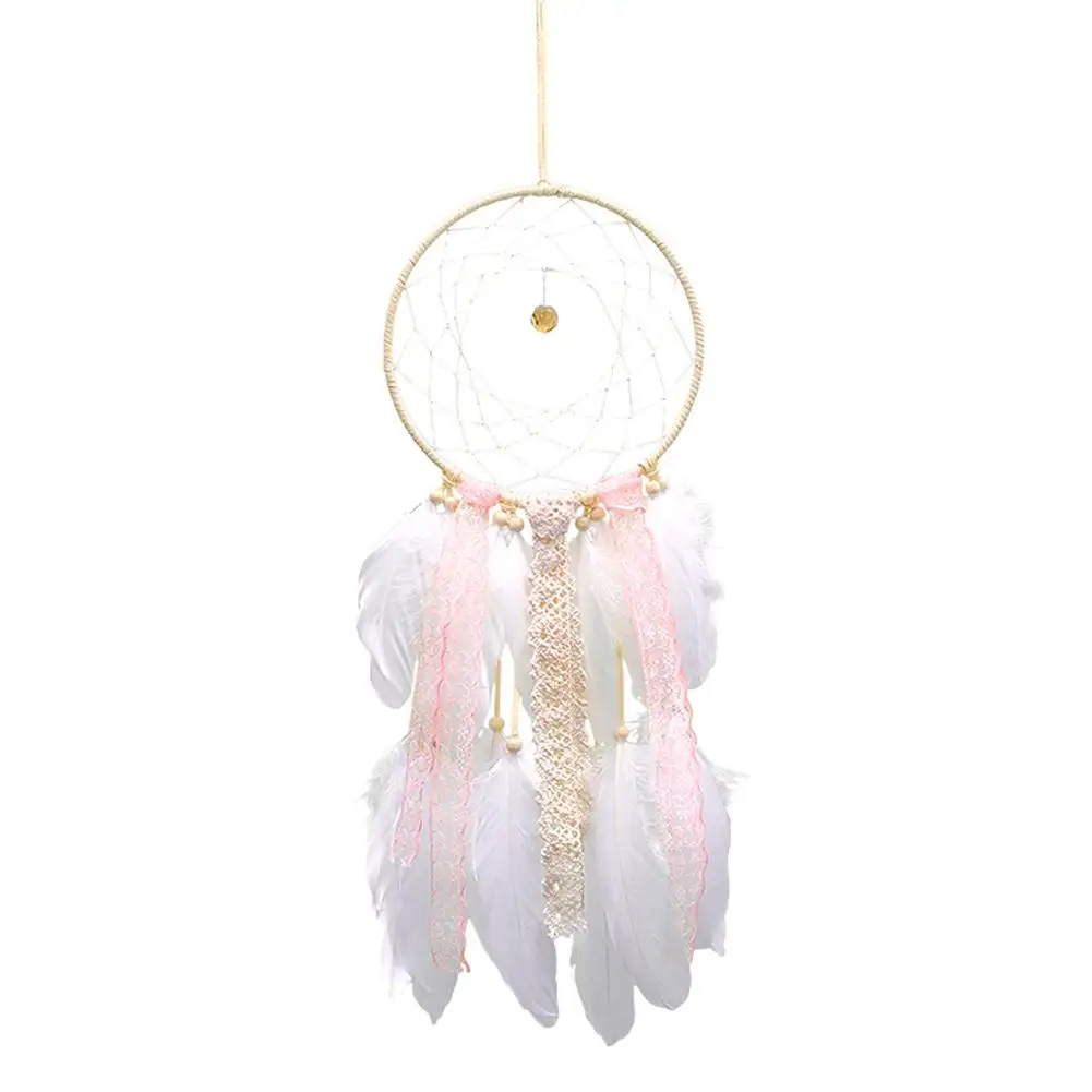 Girl Heart Dream Catcher National Feather Ornaments Lace Ribbons Feathers Wrapped Lights Dreamcatcher