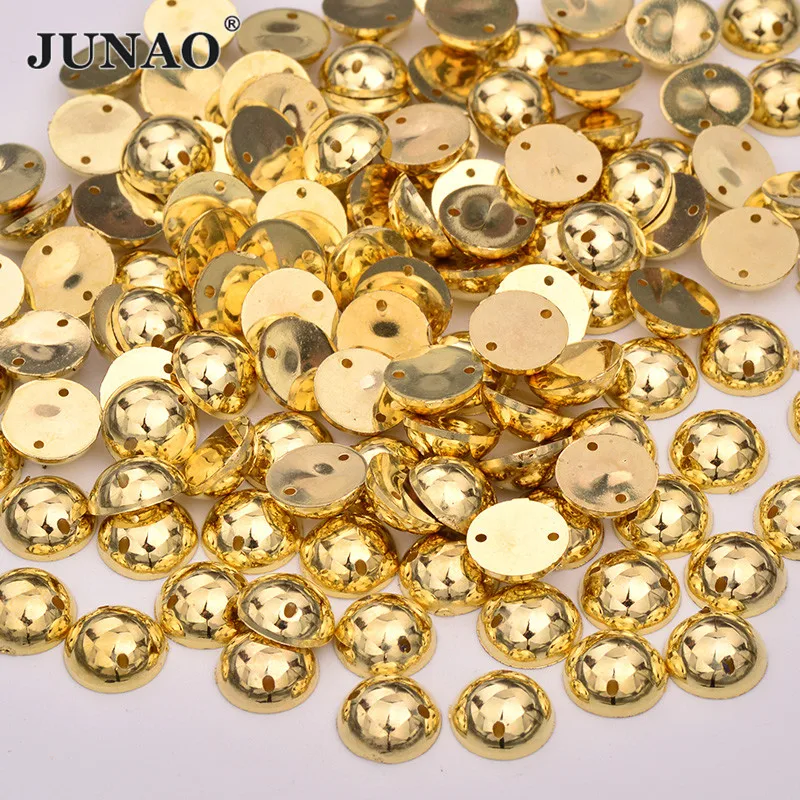 

JUNAO 10mm Sew On Gold Crystal Rhinestones Applique Flatback Round Acrylic Gems Sewing Golden Strass Crystal Stones for Clothes