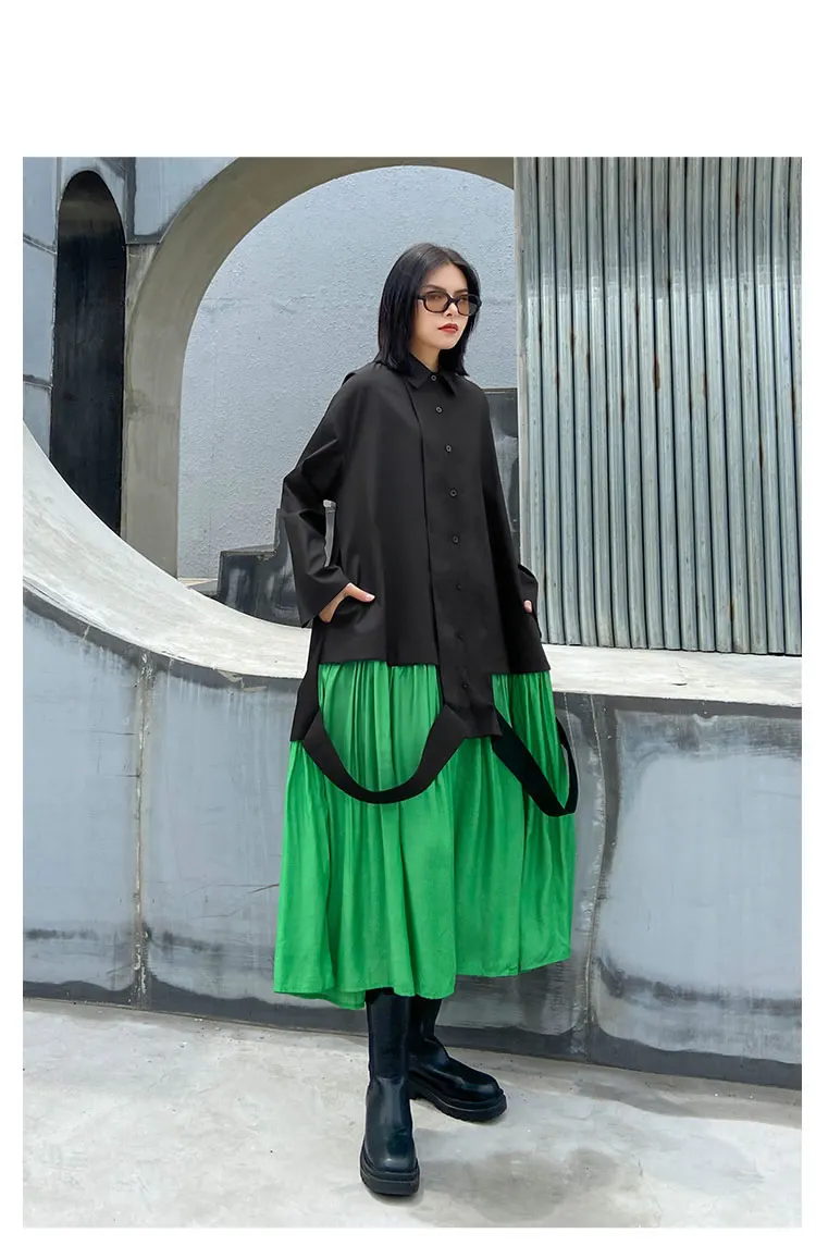 XITAO Patchwork Dress Fashion New Women Single Breast Patchwork Plated Hem 2020 Autumn Minority Casual Style Loose Dress ZP3457