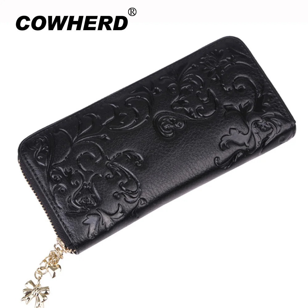 Модный длинный кошелек COWHERD из натуральной кожи с Цветочным Тиснением Женский на