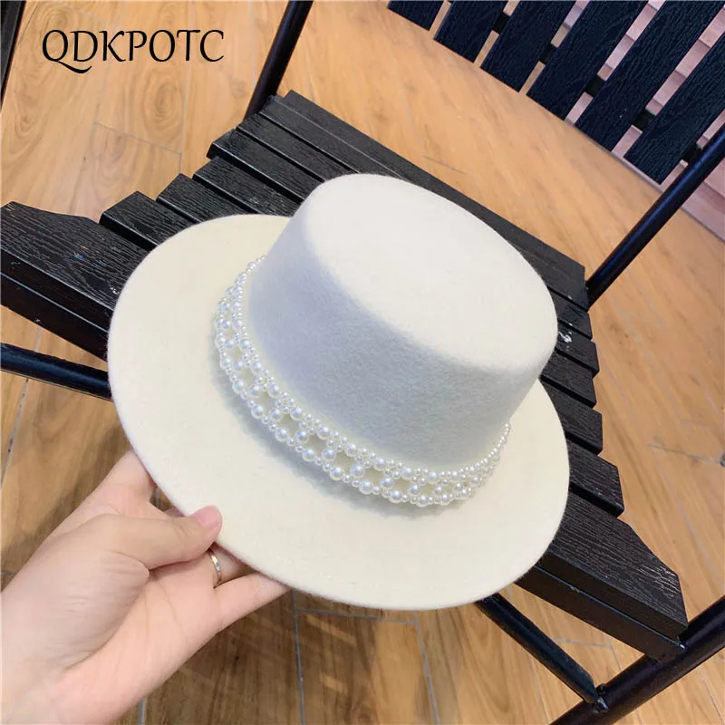 QDKPOTC, новинка, Осень-зима, женские, шерсть, модные фетровые шляпы, украшение жемчугом, Ретро стиль, джаз, шляпа, женская, элегантная, благородная фетровая шапка