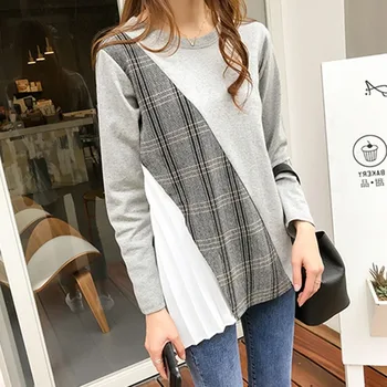 

Deeptown Spring 2020 Womens Leisure Top Lattice Womens Shirt Oversized T Shirt Chic Women Clothes Round Neck Long Sleeve Top