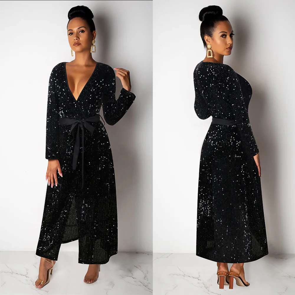 Женское вечернее платье с поясом черное блестящее длинное глубоким V образным