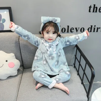 Новая детская одежда для детей 2-6 лет, пижамы для маленьких девочек, детский фланелевый домашний костюм с цветочным принтом(повязка на голову