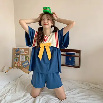 

Sweet Japanese Summer Sailor Collar Bow Tracksuit Cute Splice Pajamas Home Kawaii Princess Shirts Loose Cartoon Two Piece Suit
