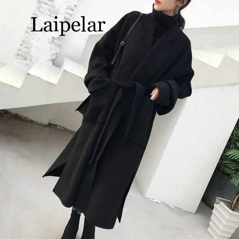 Laipelar, элегантное шерстяное пальто для женщин, кардиган с карманами, утолщенное, Осень-зима, Женское пальто из смешанной ткани, женские длинные пальто с поясом и поясом