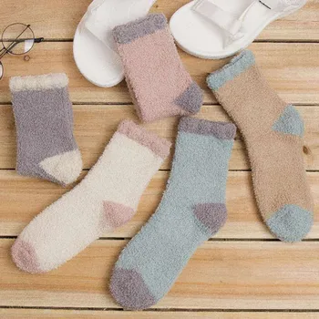 

1 Pair Cute Patchwork Color Soft Women Fluffy Socks Coral Velvet Winter Warm Home Indoor Floor Girls Towel Fuzzy Socks