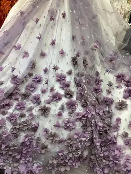 

Purple 3D bead lace fabric 2020 high quality mesh embroidery decals 3D Nigerian tulle lace fabric royal bride YYZ0812